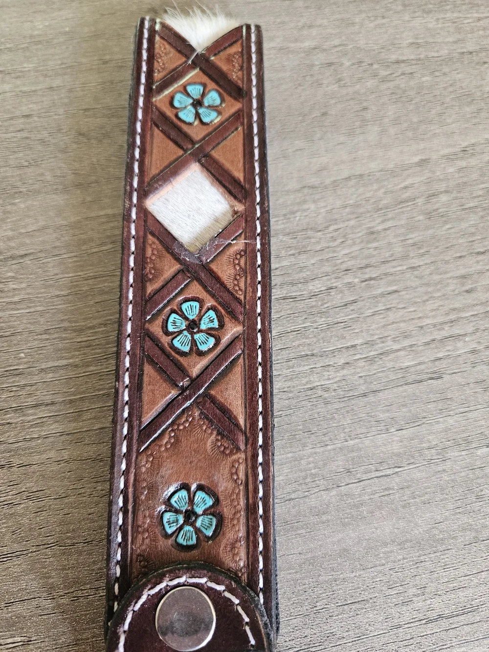 Myra Bag Brown Leather Key & Card Holder with Turquoise Floral Inlays & Cowhide